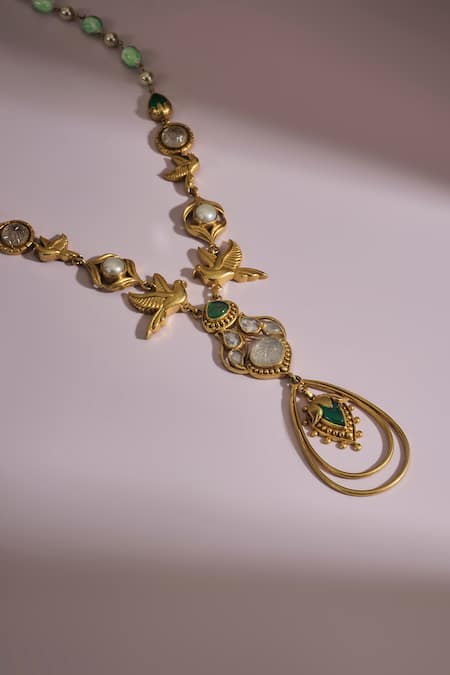 Shop_Anita Dongre_Gold Plated Osfour Zircon And Pearl Embellished Bird Motif Necklace _at_Aza_Fashions