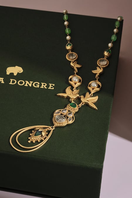 Anita Dongre_Gold Plated Osfour Zircon And Pearl Embellished Bird Motif Necklace _Online_at_Aza_Fashions