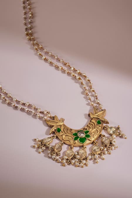Shop_Anita Dongre_Gold Plated Animalar Zircon And Pearl Embellished Necklace _at_Aza_Fashions