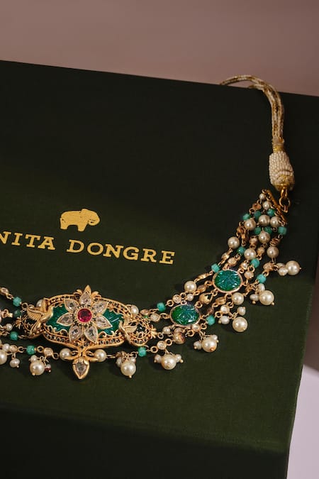 Anita Dongre_Gold Plated Sangini Zircon And Pearl Embellished Choker _Online_at_Aza_Fashions