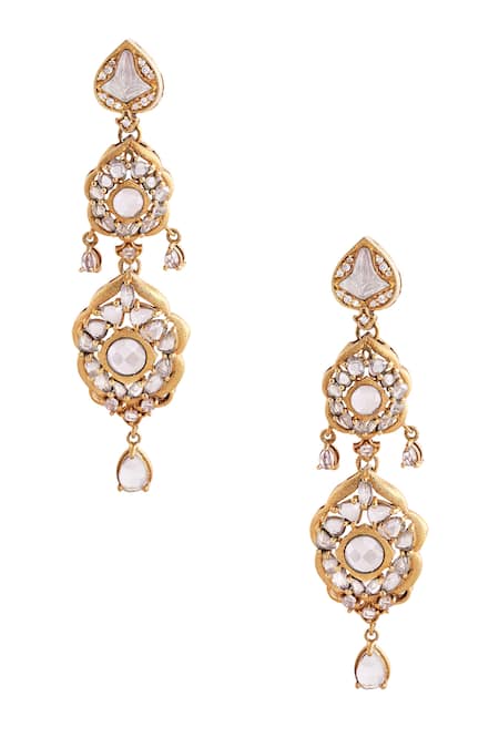 Shop Anita Dongre Gold Plated Stones Ankavai Zircon Embellished Polish Drop Earrings at Aza Fashions Shop_Anita Dongre_Gold Plated Stones Ankavai Zircon Embellished Polish Drop Earrings _at_Aza_Fashions