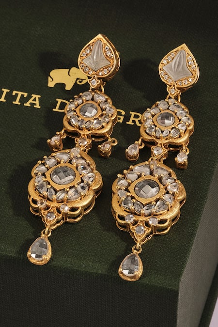 Anita Dongre Gold Plated Stones Ankavai Zircon Embellished Polish Drop Earrings Online at Aza Fashions Anita Dongre_Gold Plated Stones Ankavai Zircon Embellished Polish Drop Earrings _Online_at_Aza_Fashions