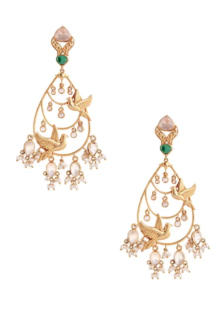 Shop_Anita Dongre_Gold Plated Zari, Pearls, Stones Noham Bird Motif Zircon And Drop Earrings _at_Aza_Fashions