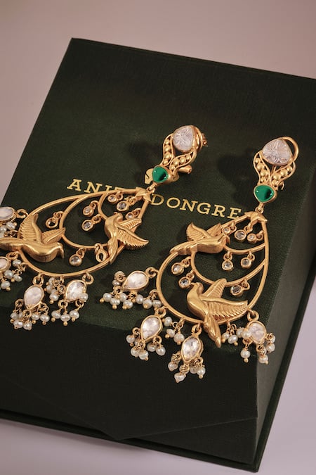 Anita Dongre_Gold Plated Zari, Pearls, Stones Noham Bird Motif Zircon And Drop Earrings _Online_at_Aza_Fashions