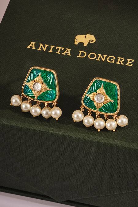 Anita Dongre_Gold Plated Pearls, Stones Sarin Zircon And Drop Earrings _Online_at_Aza_Fashions
