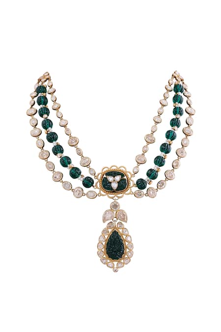 Anita Dongre Gold Plated Sehrish Zircon And Carved Green Onyx Beaded Necklace 