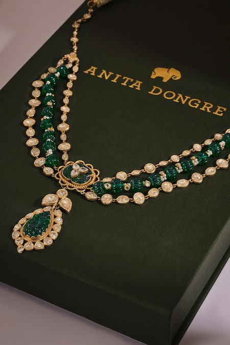 Buy_Anita Dongre_Gold Plated Sehrish Zircon And Carved Green Onyx Beaded Necklace _Online_at_Aza_Fashions