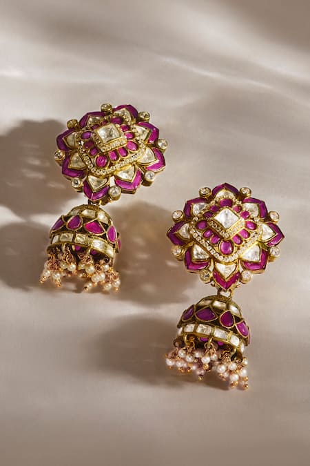 Anita Dongre Gold Plated Stones, Pearls Arjumand Zircon And Ruby Jhumka Earrings 