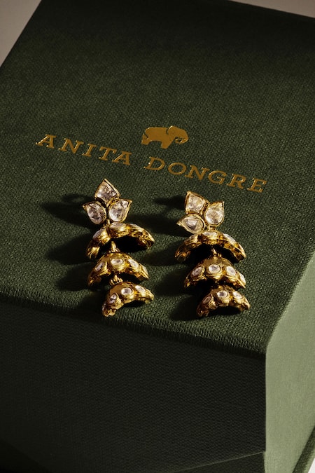 Anita Dongre Gold Plated Stones Azferne Moissanite Embellished Triple Jhumkas Online at Aza Fashions Anita Dongre_Gold Plated Stones Azferne Moissanite Embellished Triple Jhumkas _Online_at_Aza_Fashions