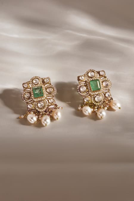 Anita Dongre Gold Plated Pearls, Stones Nasmin Moissanite And Drop Earrings 