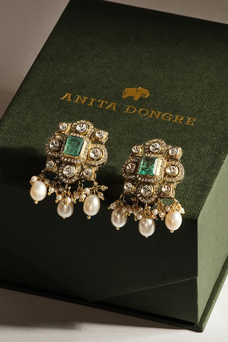 Anita Dongre_Gold Plated Pearls, Stones Nasmin Moissanite And Drop Earrings _Online_at_Aza_Fashions
