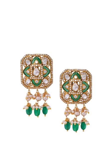 Anita Dongre Gold Plated Zari, Stones, Pearls Novera Zircon And Drop Earrings 