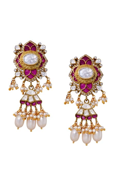 Anita Dongre Gold Plated Stones, Pearls Mifraz Zircon And Embellished Drop Earrings 