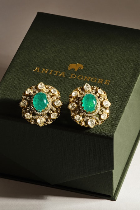 Anita Dongre_Gold Plated Arfa Zircon Studded Oval Stone Earrings _Online_at_Aza_Fashions