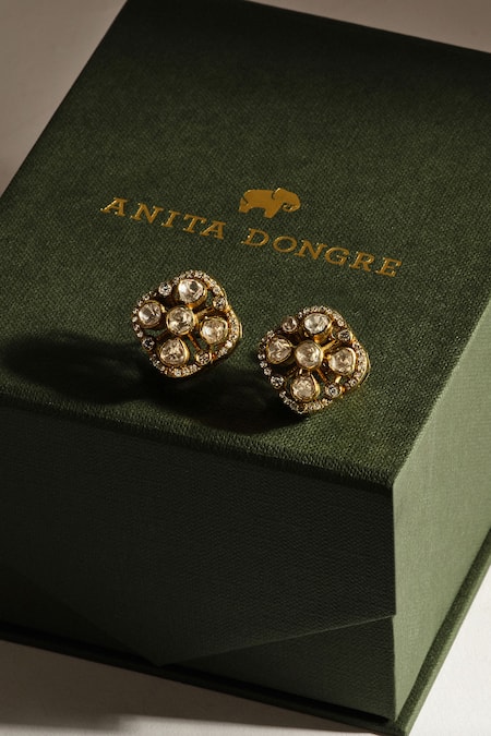 Anita Dongre_Gold Plated Stones Azeen Moissanite Stud Earrings _Online_at_Aza_Fashions