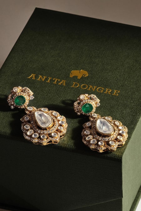 Anita Dongre_Gold Plated Stones Farnoush Zircon And Emerald Drop Earrings _Online_at_Aza_Fashions
