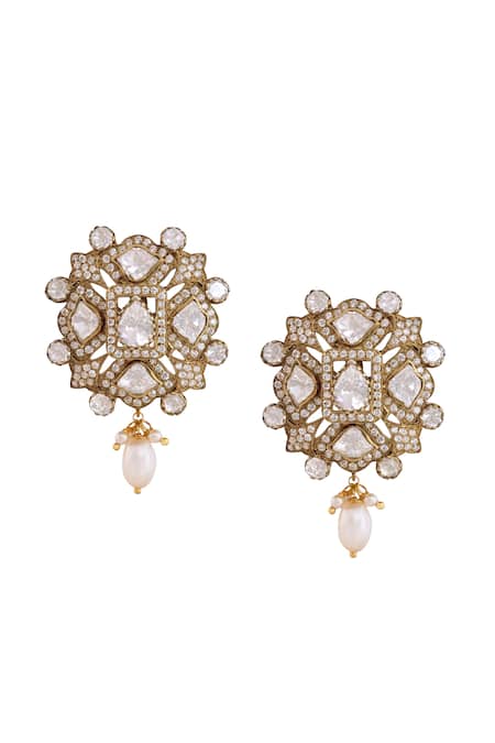 Anita Dongre Gold Plated Stones, Pearls Nazanin Moissanite And Drop Earrings 