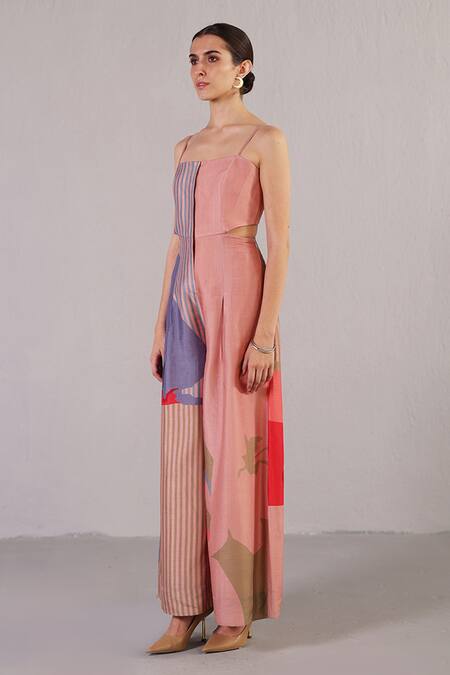 Clos_Peach Dupion, Silk Square Neck Floro Abstract Pattern Jumpsuit _Online_at_Aza_Fashions