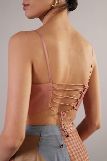 Buy_Clos_Peach Dupion, Silk Square Neck Floro Abstract Pattern Jumpsuit _Online_at_Aza_Fashions