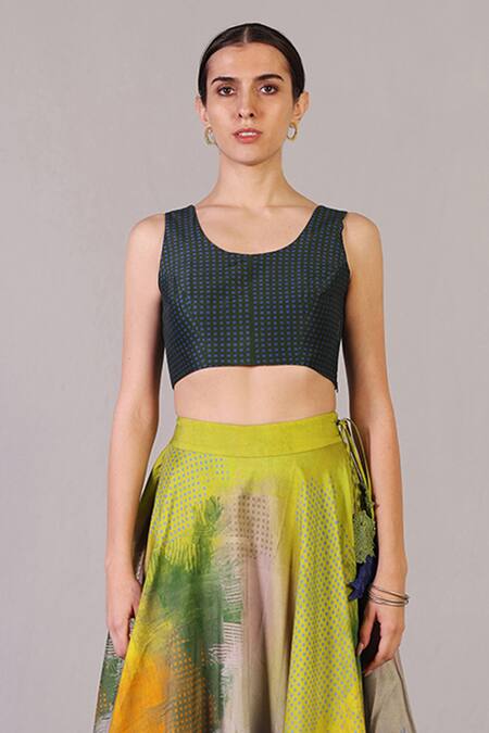 Clos_Multi Color Dupion, Silk Tassels Scoop Neck Swasha Pattern Lehenga With Top _Online_at_Aza_Fashions