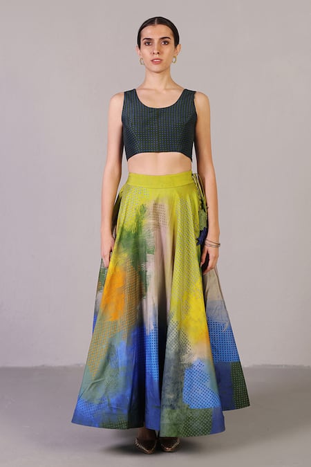Clos Multi Color Dupion, Silk Tassels Scoop Neck Swasha Pattern Lehenga With Top 