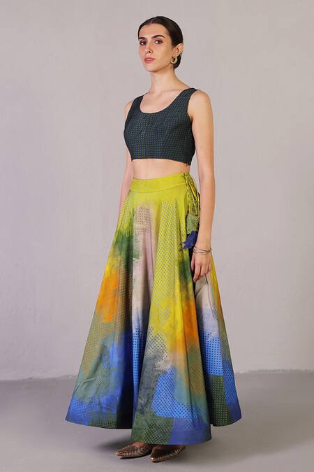 Buy_Clos_Multi Color Dupion, Silk Tassels Scoop Neck Swasha Pattern Lehenga With Top _Online_at_Aza_Fashions