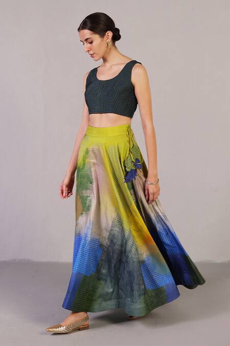 Shop_Clos_Multi Color Dupion, Silk Tassels Scoop Neck Swasha Pattern Lehenga With Top _Online_at_Aza_Fashions