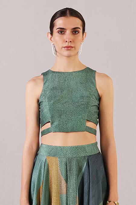Clos_Green Dupion, Silk Round Neck Patch Top With Color Block Skirt _Online_at_Aza_Fashions