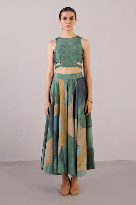 Clos Green Dupion, Silk Round Neck Patch Top With Color Block Skirt 