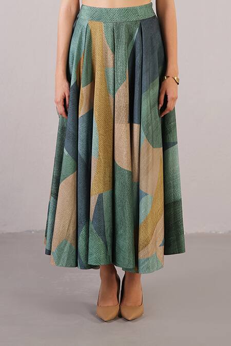 Buy_Clos_Green Dupion, Silk Round Neck Patch Top With Color Block Skirt _Online_at_Aza_Fashions