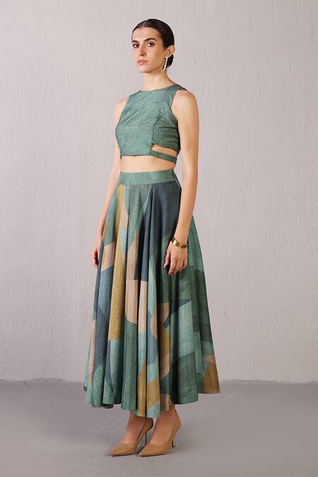 Shop_Clos_Green Dupion, Silk Round Neck Patch Top With Color Block Skirt _Online_at_Aza_Fashions