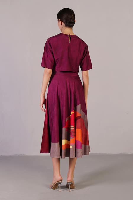 Shop Clos Wine Dupion, Silk Split V-neck Vista Top With Abstract Pattern Skirt at Aza Fashions Shop_Clos_Wine Dupion, Silk Split V-neck Vista Top With Abstract Pattern Skirt _at_Aza_Fashions