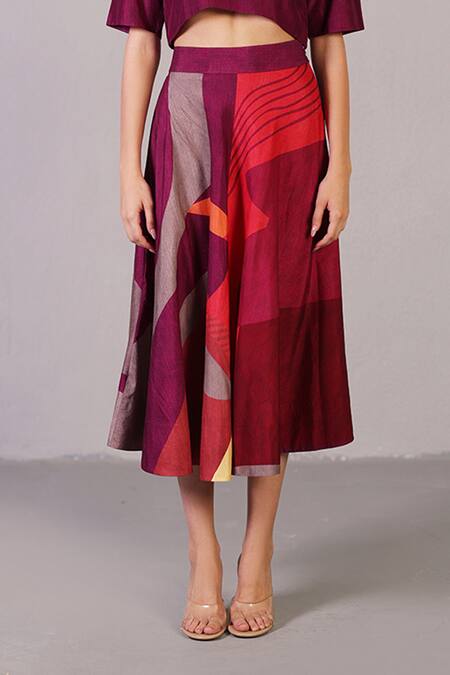 Shop Clos Wine Dupion, Silk Split V-neck Vista Top With Abstract Pattern Skirt Online at Aza Fashions Shop_Clos_Wine Dupion, Silk Split V-neck Vista Top With Abstract Pattern Skirt _Online_at_Aza_Fashions