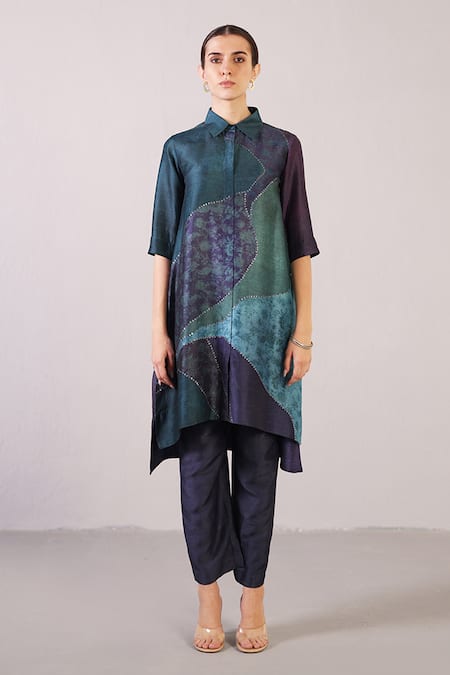 Clos Blue Dupion, Silk Sequins Collared, Button-down Flowna Pattern Kurta With Pant 
