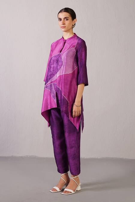 Clos_Pink Dupion, Silk Sequins Mandarin Collar Flowna Pattern Kurta With Pant _Online_at_Aza_Fashions