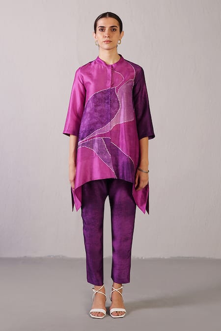 Clos Pink Dupion, Silk Sequins Mandarin Collar Flowna Pattern Kurta With Pant 