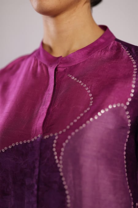 Buy_Clos_Pink Dupion, Silk Sequins Mandarin Collar Flowna Pattern Kurta With Pant _Online_at_Aza_Fashions