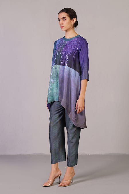 Buy_Clos_Green Dupion, Silk Sequins Round Neck Glint Pattern Kurta With Pant _Online_at_Aza_Fashions