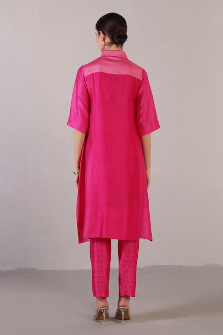 Shop_Clos_Fuchsia Dupion, Silk Sequins Collared Glint Pattern Kurta With Pant _at_Aza_Fashions