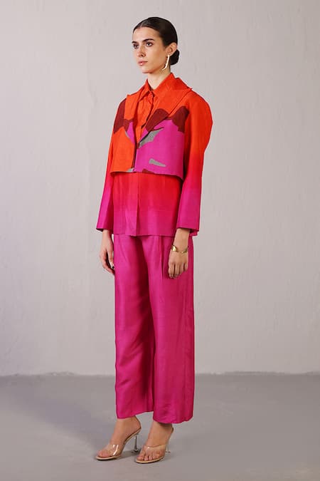 Clos_Orange Dupion, Silk Collared, Button-down Neck, Ridge Pattern Jacket And Pant Set _Online_at_Aza_Fashions