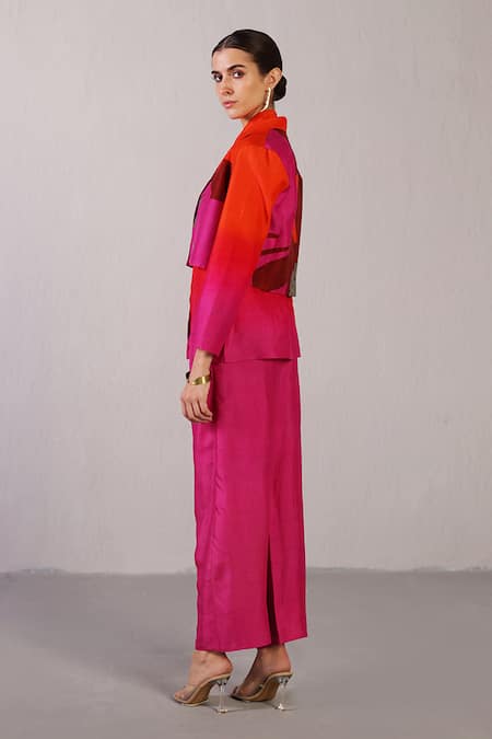 Buy_Clos_Orange Dupion, Silk Collared, Button-down Neck, Ridge Pattern Jacket And Pant Set _Online_at_Aza_Fashions