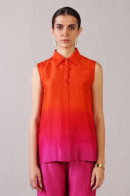 Buy_Clos_Orange Dupion, Silk Collared Umbra Shaded Top With Pant _Online_at_Aza_Fashions