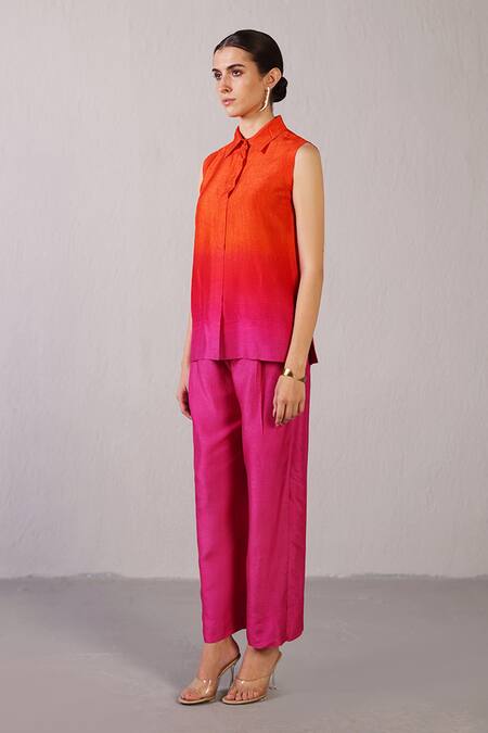 Shop_Clos_Orange Dupion, Silk Collared Umbra Shaded Top With Pant _Online_at_Aza_Fashions