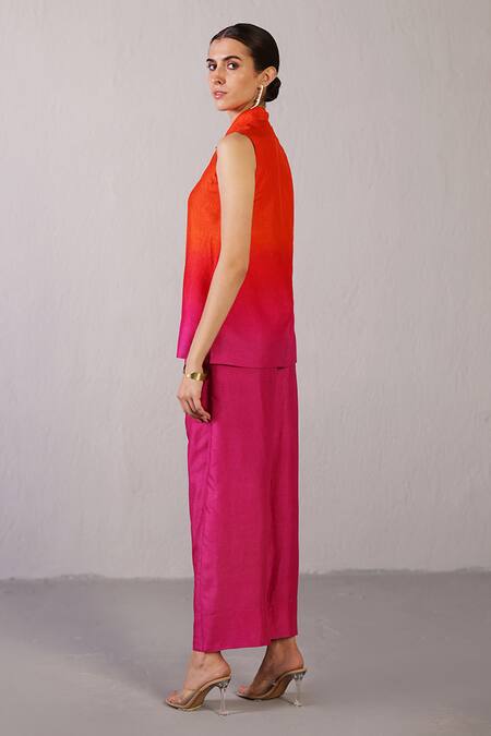 Clos_Orange Dupion, Silk Collared Umbra Shaded Top With Pant _at_Aza_Fashions