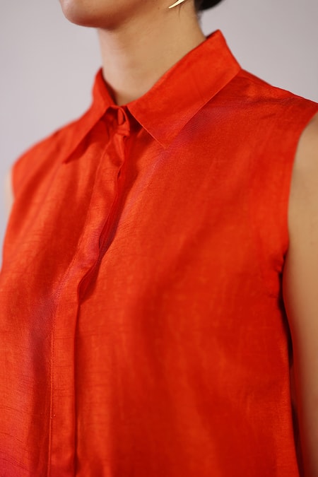 Buy_Clos_Orange Dupion, Silk Collared Umbra Shaded Top With Pant 