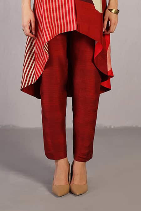 Clos_Red Silk, Dupion Collared, V-, Square Floro Crimson Jacket And Pant Set _Online_at_Aza_Fashions