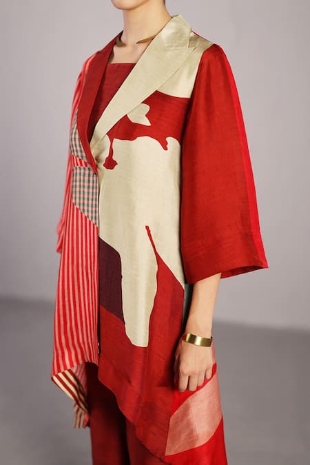 Buy_Clos_Red Silk, Dupion Collared, V-, Square Floro Crimson Jacket And Pant Set _Online_at_Aza_Fashions