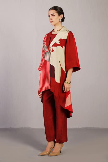 Shop_Clos_Red Silk, Dupion Collared, V-, Square Floro Crimson Jacket And Pant Set _Online_at_Aza_Fashions
