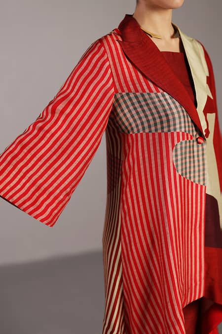 Clos_Red Silk, Dupion Collared, V-, Square Floro Crimson Jacket And Pant Set _at_Aza_Fashions
