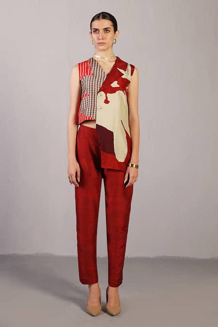 Clos Multi Color Dupion, Silk V-neck Floro Crimson Red Jacket Set 